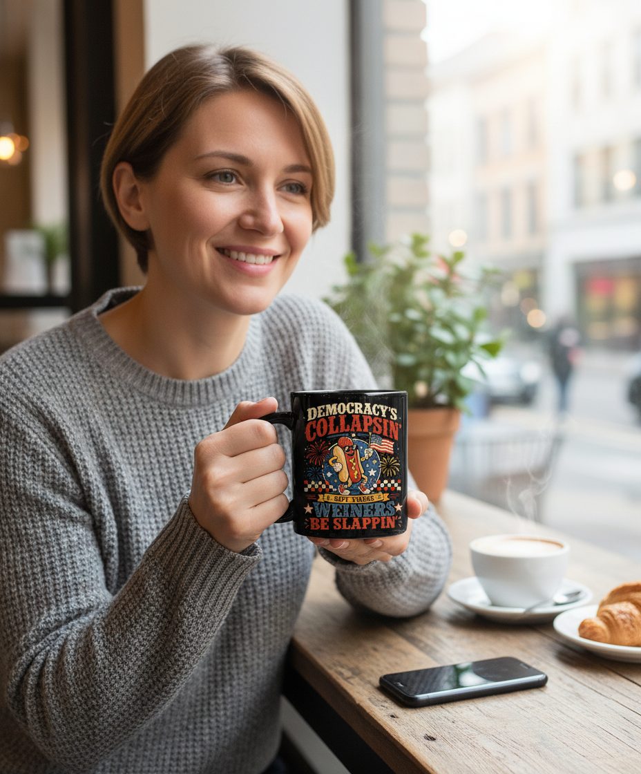 Democracy's Collapsin' but These Weiners Be Slappin' Black Mug - lifestyle model mockup - Black