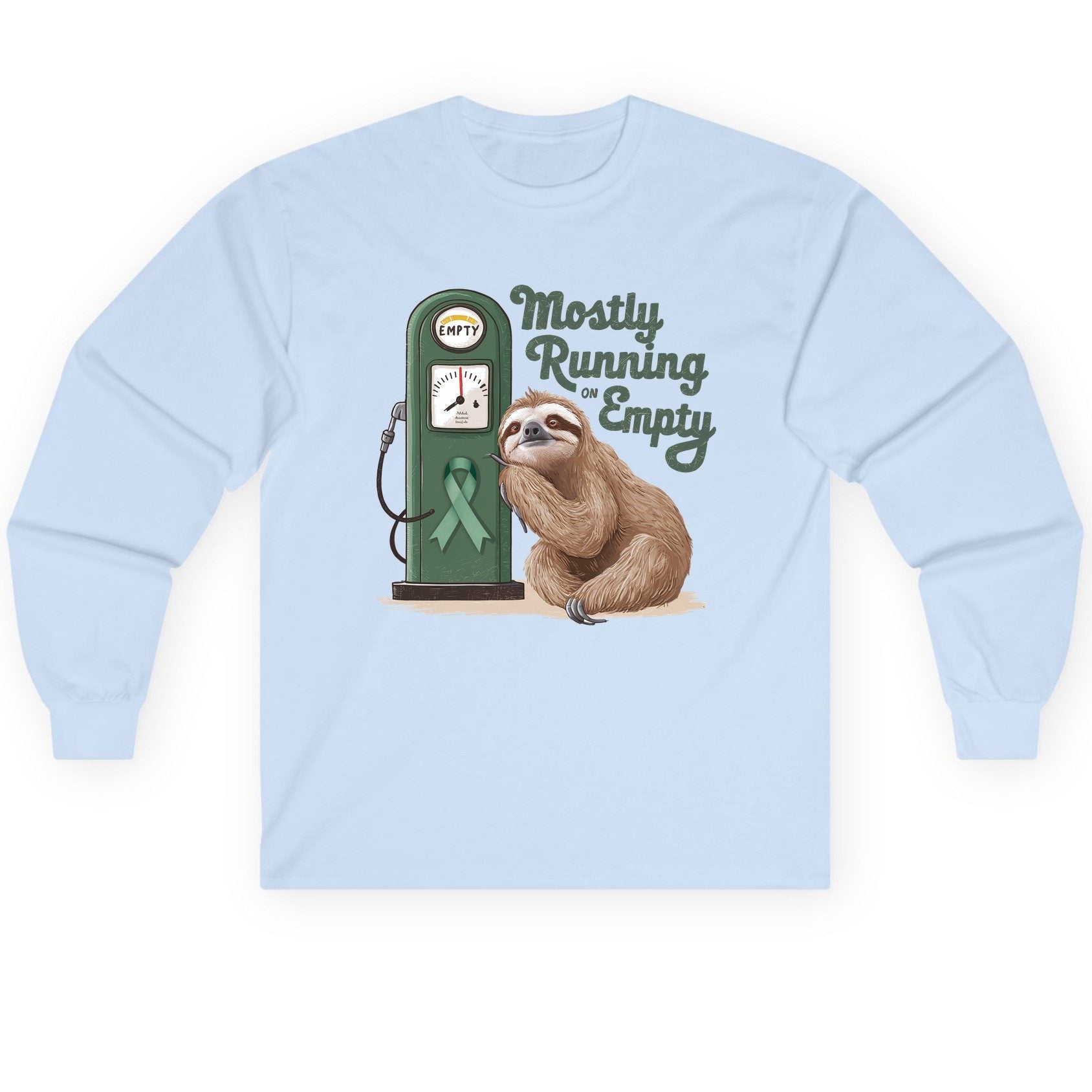 Mostly Running on Empty sloth Long Sleeve Tee Light Blue product mockup