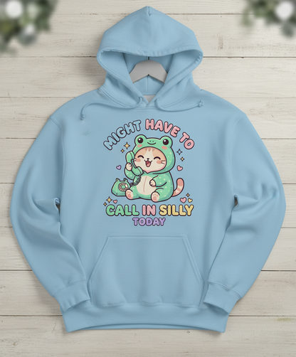 Kawaii Cat in Frog Costume Might Have To Call In Silly Today Hoodie - Light Blue
