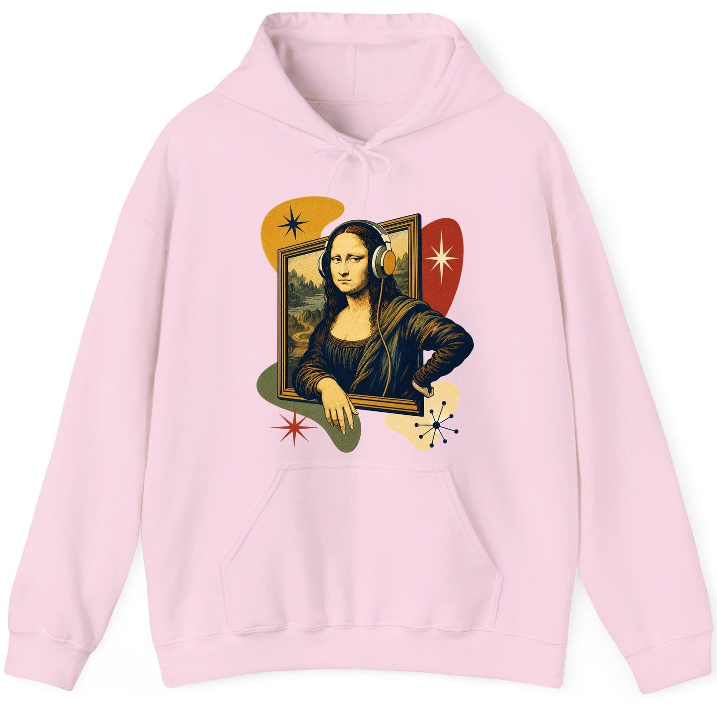 Retro Mona Lisa with Headphones Funny Art Lovers Hoodie - product mockup - Light Pink