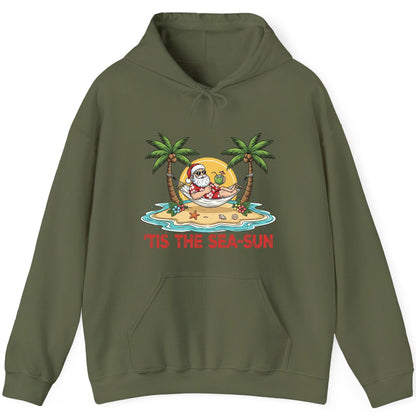 'Tis the Sea-Sun santa claus on a tropical vacation Hoodie Military Green product mockup