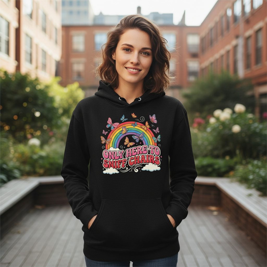ONLY HERE TO SNIFF CHAIRS Funny Sarcastic Humor Hoodie - lifestyle model mockup - Black