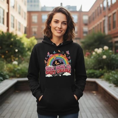 ONLY HERE TO SNIFF CHAIRS Funny Sarcastic Humor Hoodie - lifestyle model mockup - Black