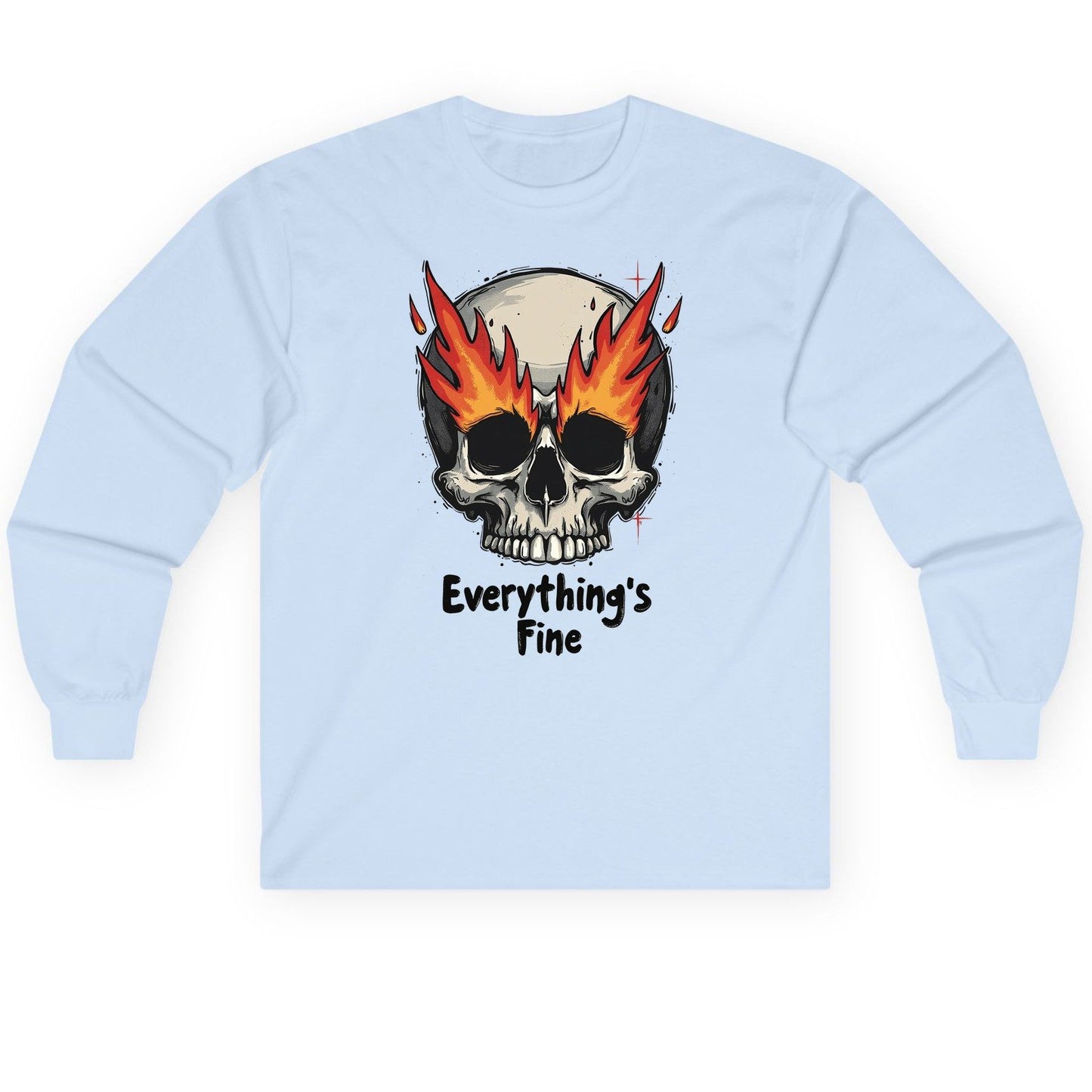 Everything's Fine flaming skull Long Sleeve Tee Light Blue product mockup