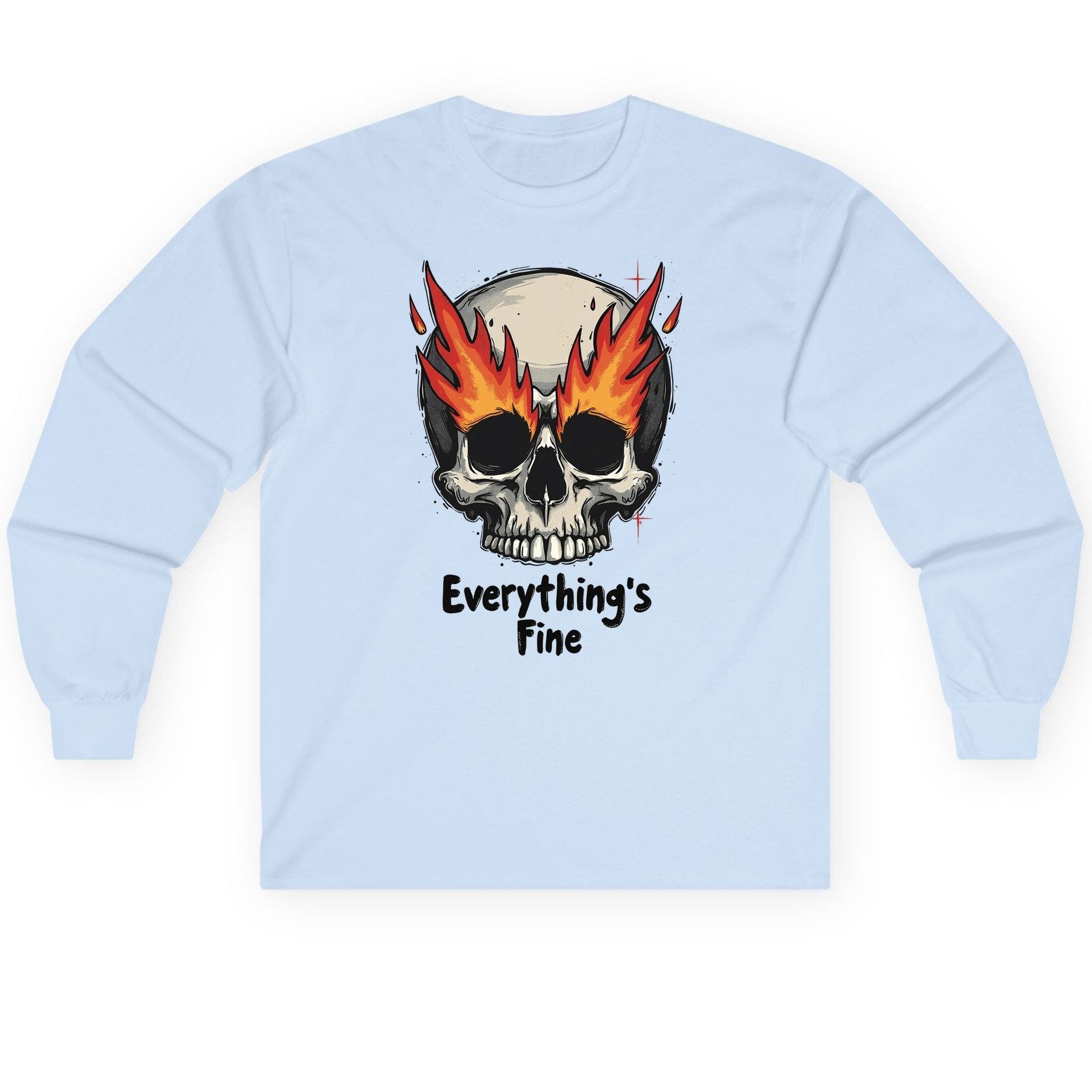 Everything's Fine flaming skull Long Sleeve Tee Light Blue product mockup