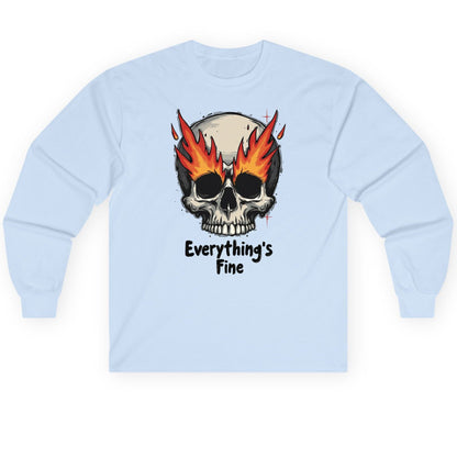 Everything's Fine flaming skull Long Sleeve Tee Light Blue product mockup