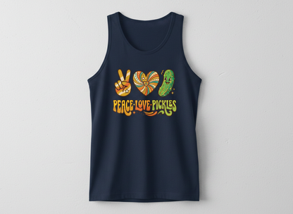 Peace Love Pickles Retro 70s Hippie Design Tank Top - Navy