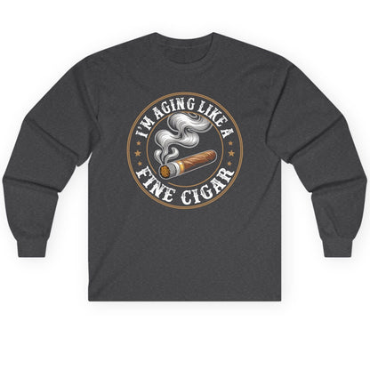 I'm Aging Like a Fine Cigar cigar smoking Long Sleeve Tee Dark Heather product mockup