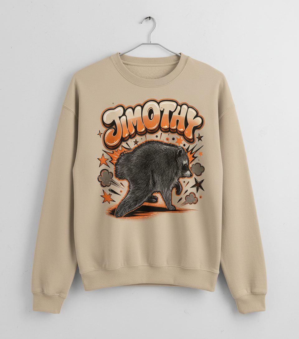 Timothy Retro Raccoon Sweatshirt - product mockup - Sand