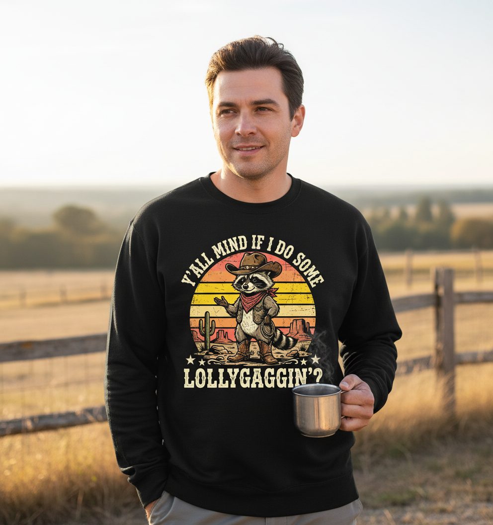 Y'ALL MIND IF I DO SOME Lollygaggin' Funny Cowboy Raccoon Sweatshirt - lifestyle model mockup - Black