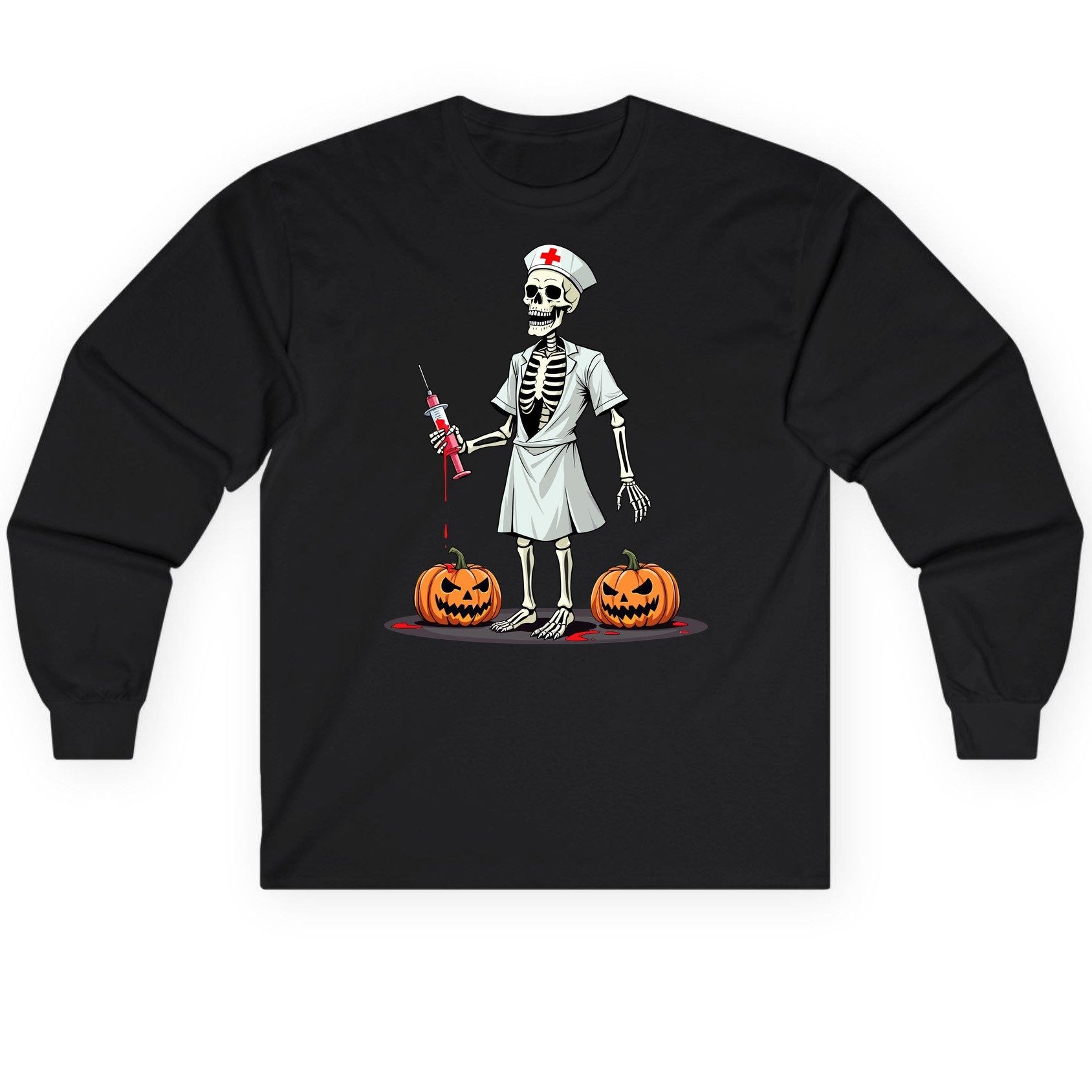 Spooky Skeleton Nurse Halloween skeleton nurse Long Sleeve Tee Black product mockup