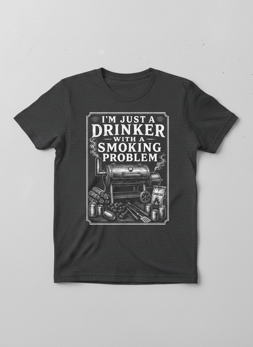 I'M JUST A DRINKER WITH A SMOKING PROBLEM Funny Drinker With A Smoking Problem BBQ T-Shirt - product mockup - Dark Heather