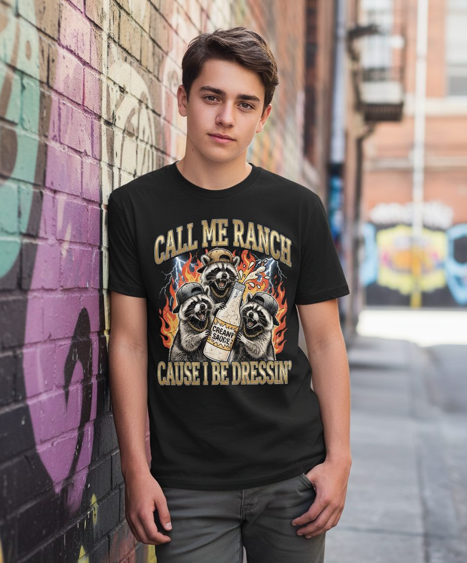 Call Me Ranch Cause I Be Dressin' raccoons Youth T-Shirt Black lifestyle mockup