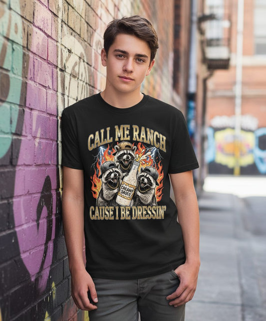 Call Me Ranch Cause I Be Dressin' raccoons Youth T-Shirt Black lifestyle mockup