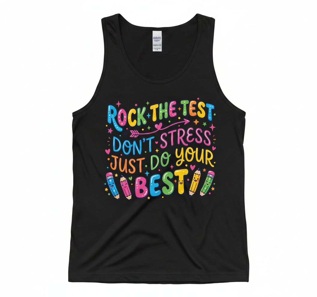 Rock The Test Don't Stress Just Do Your Best Inspirational Quote Tank Top - Black