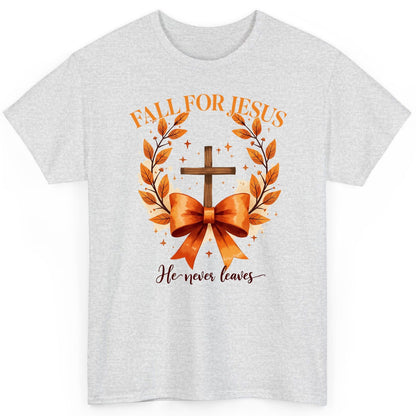 Fall for Jesus He Never Leaves christian faith T-Shirt Ash product mockup