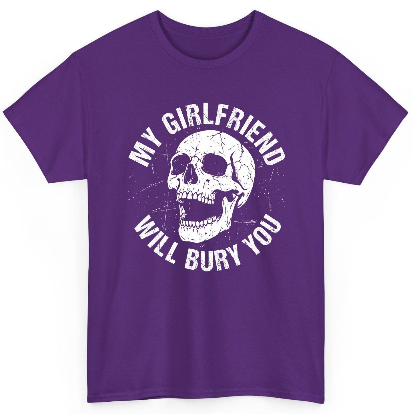 My Girlfriend Will Bury You skull T-Shirt Purple product mockup