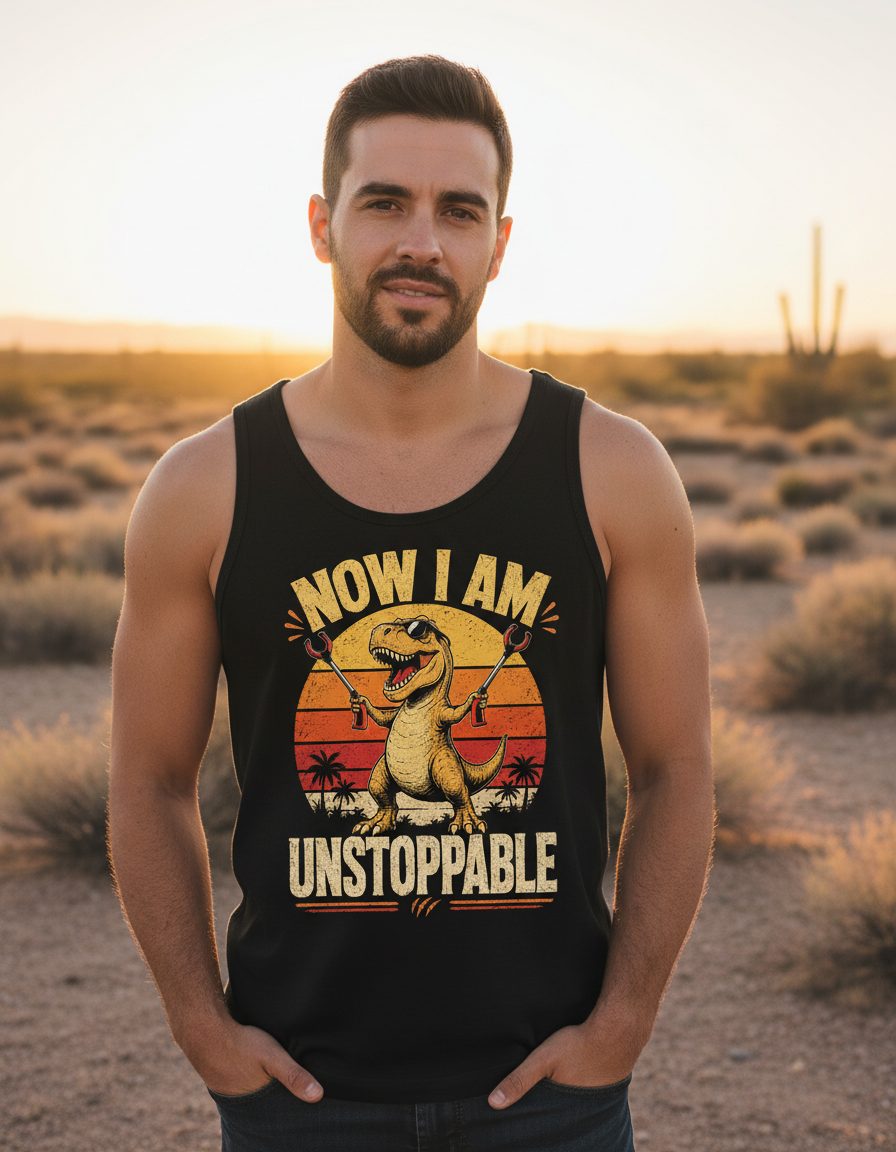 Now I Am Unstoppable Funny T-Rex Tank Top - lifestyle model mockup - Black