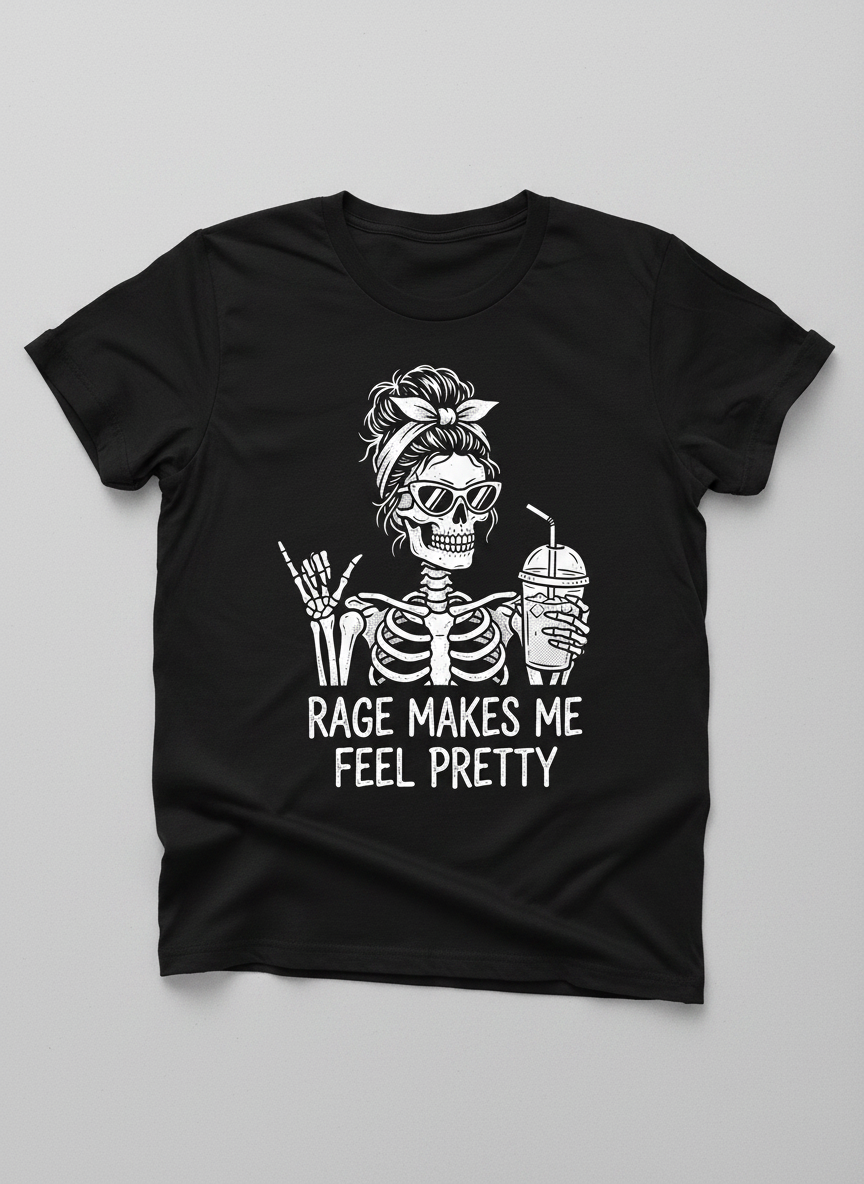 Rage Makes Me Feel Pretty Skeleton Messy Bun T-Shirt - Black