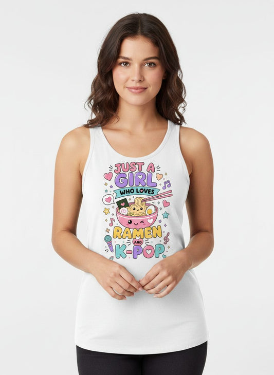 Just a Girl Who Loves Ramen and K-Pop Fans Tank Top - product mockup - White