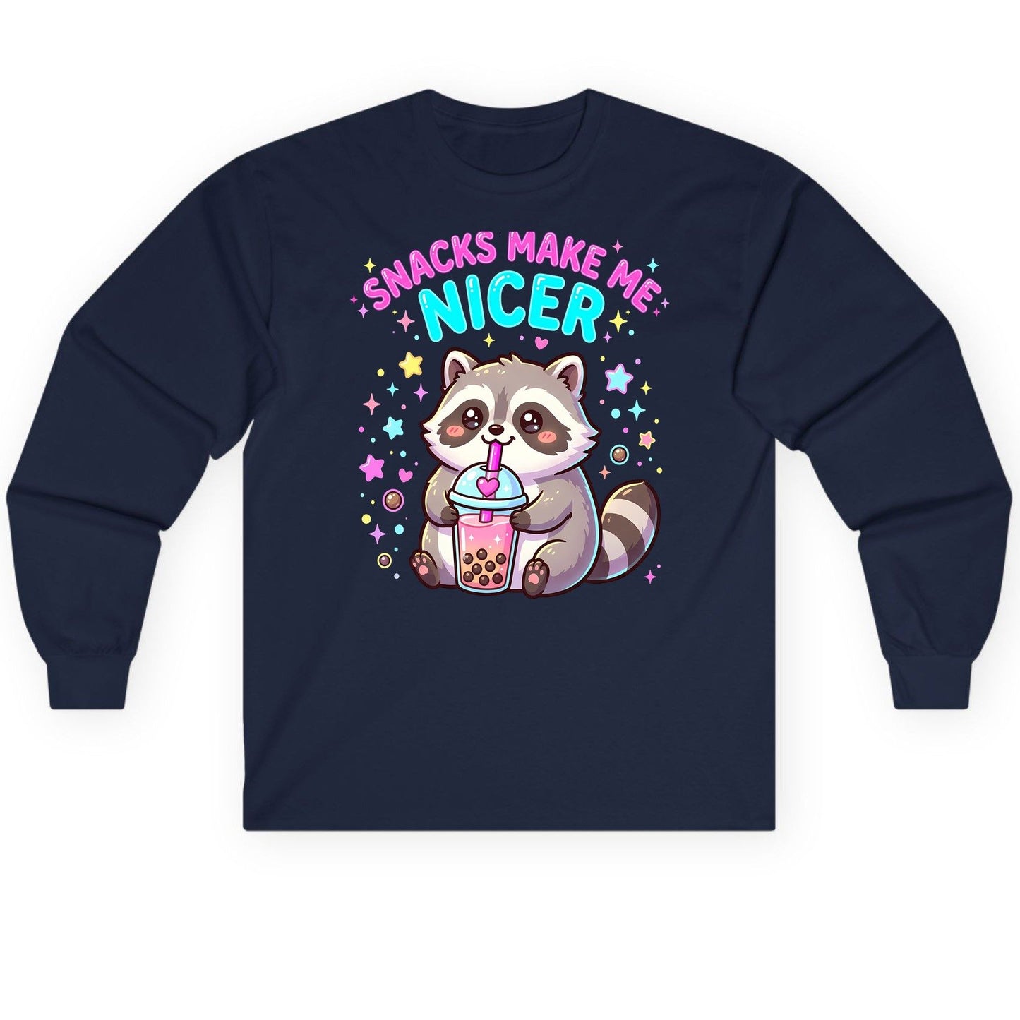 SNACKS MAKE ME NICER Funny Raccoon Long Sleeve Tee - product mockup - Navy