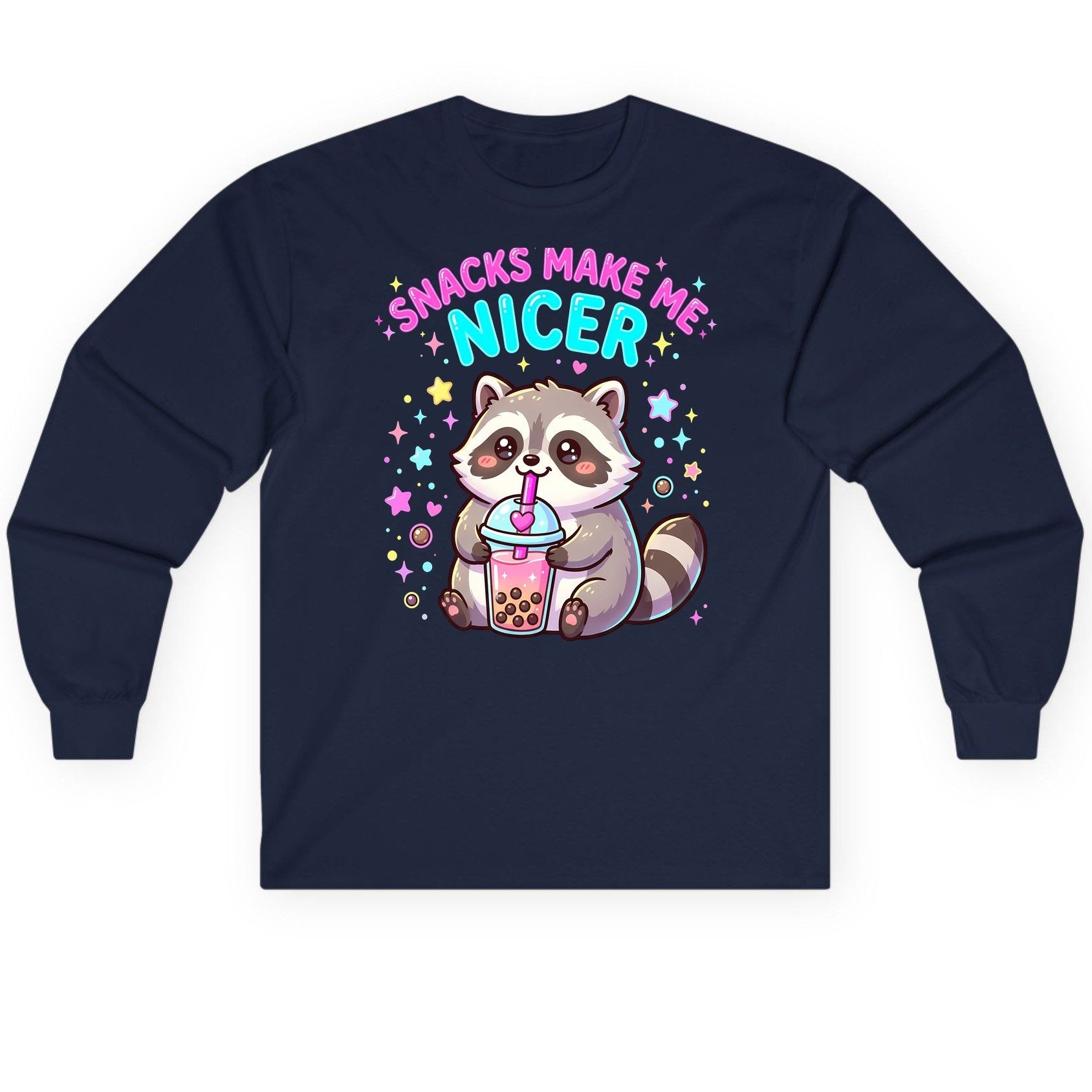 SNACKS MAKE ME NICER Funny Raccoon Long Sleeve Tee - product mockup - Navy