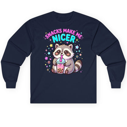 SNACKS MAKE ME NICER Funny Raccoon Long Sleeve Tee - product mockup - Navy