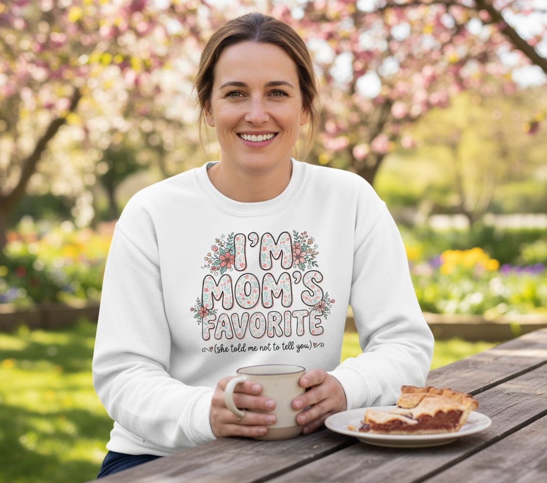 I'm Mom's Favorite (She Told Me Not to Tell You) sibling rivalry humor Sweatshirt White lifestyle mockup