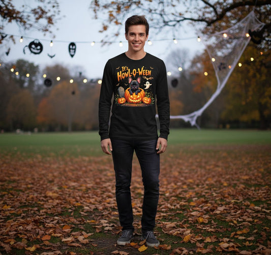 It's Howl-O-Ween french bulldog Long Sleeve Tee Black lifestyle mockup