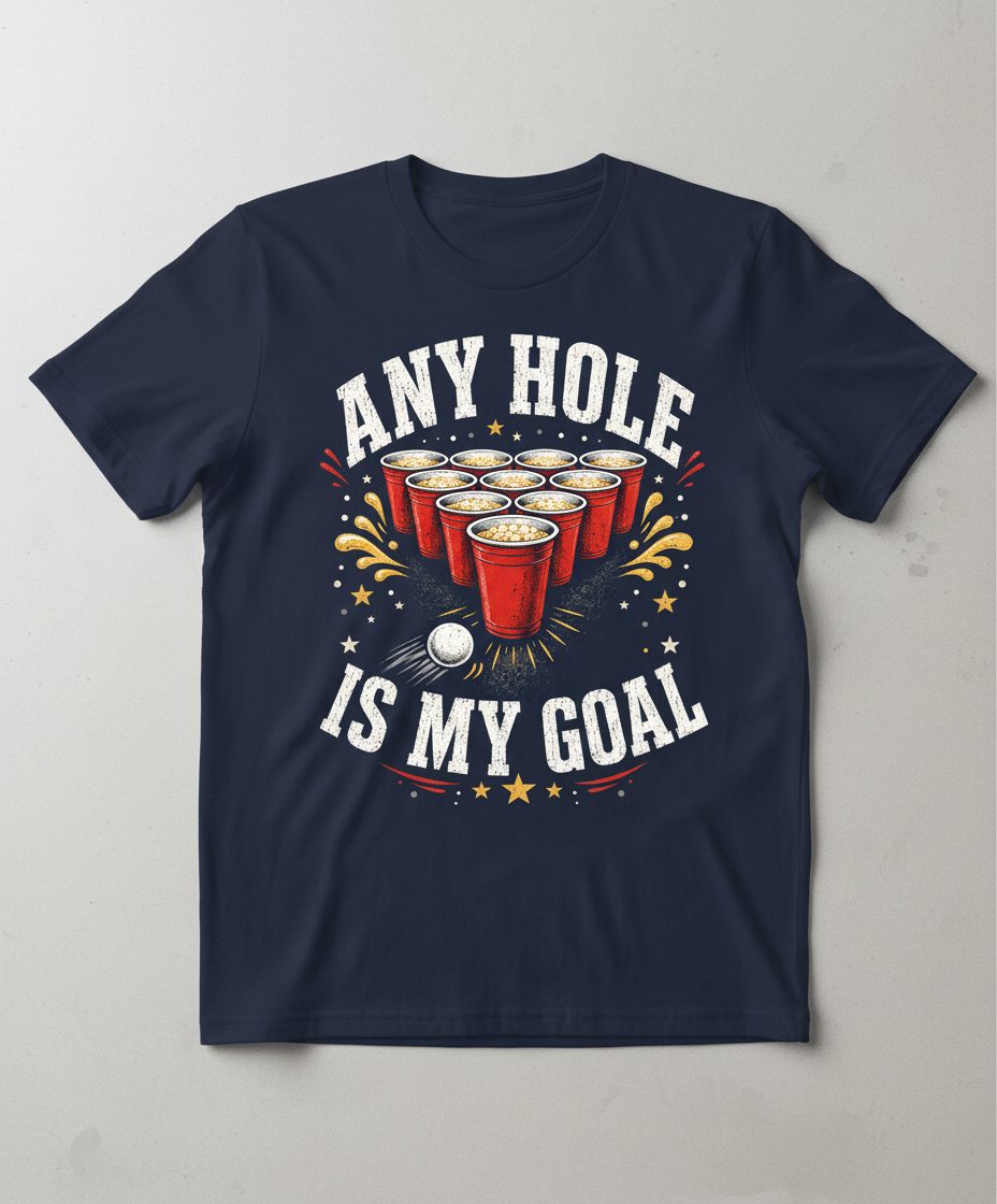 Any Hole Is My Goal Funny Beer Pong T-Shirt - product mockup - Navy