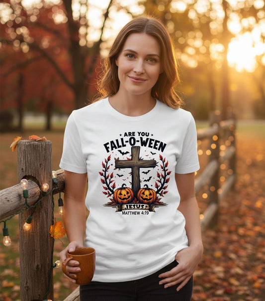 Are You Fall-O-Ween Jesus? christian Halloween T-Shirt White lifestyle mockup