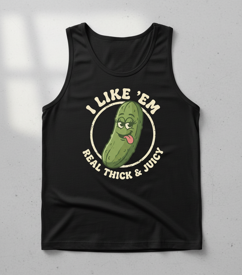 Funny Pickle 'I Like 'Em Real Thick & Juicy' Retro Design Tank Top - Black