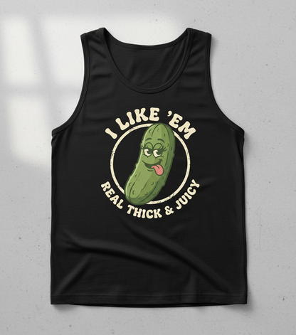 Funny Pickle 'I Like 'Em Real Thick & Juicy' Retro Design Tank Top - Black