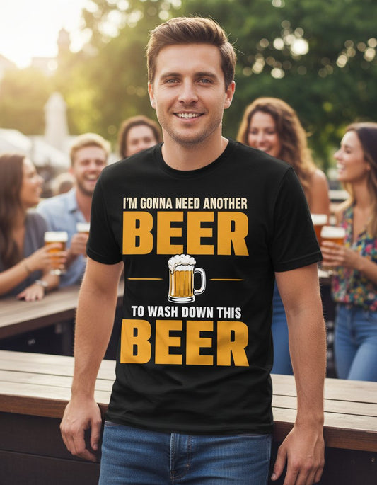 I'm Gonna Need Another Beer to Wash Down This Beer beer drinking T-Shirt Black lifestyle mockup