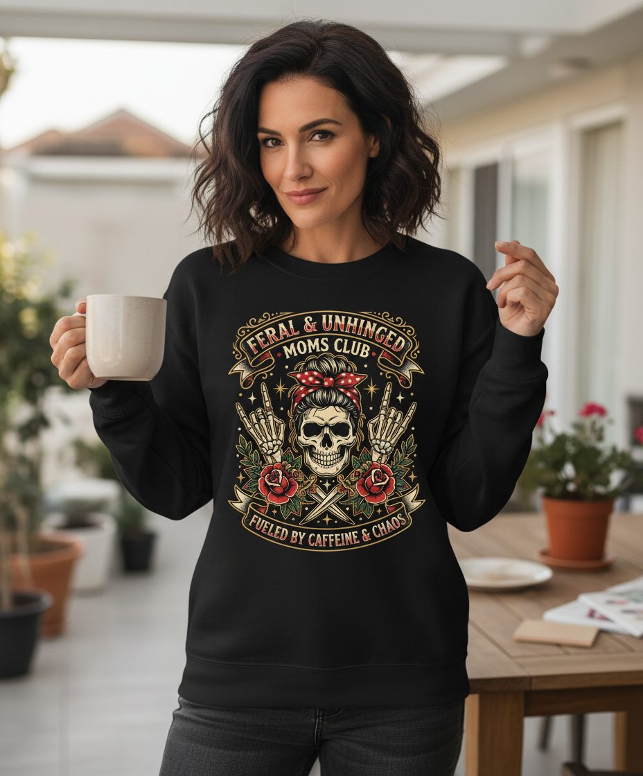 Feral & Unhinged Moms Club Fueled by Caffeine & Chaos Sweatshirt - lifestyle model mockup - Black