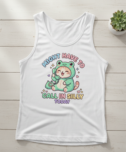 Kawaii Cat in Frog Costume Might Have To Call In Silly Today Tank Top - White