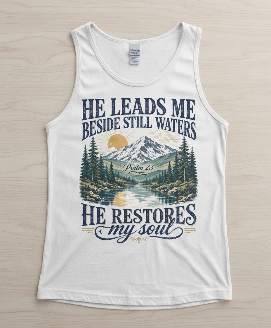 He Leads Me Beside Still Waters He Restores My Soul Tank Top - product mockup - White