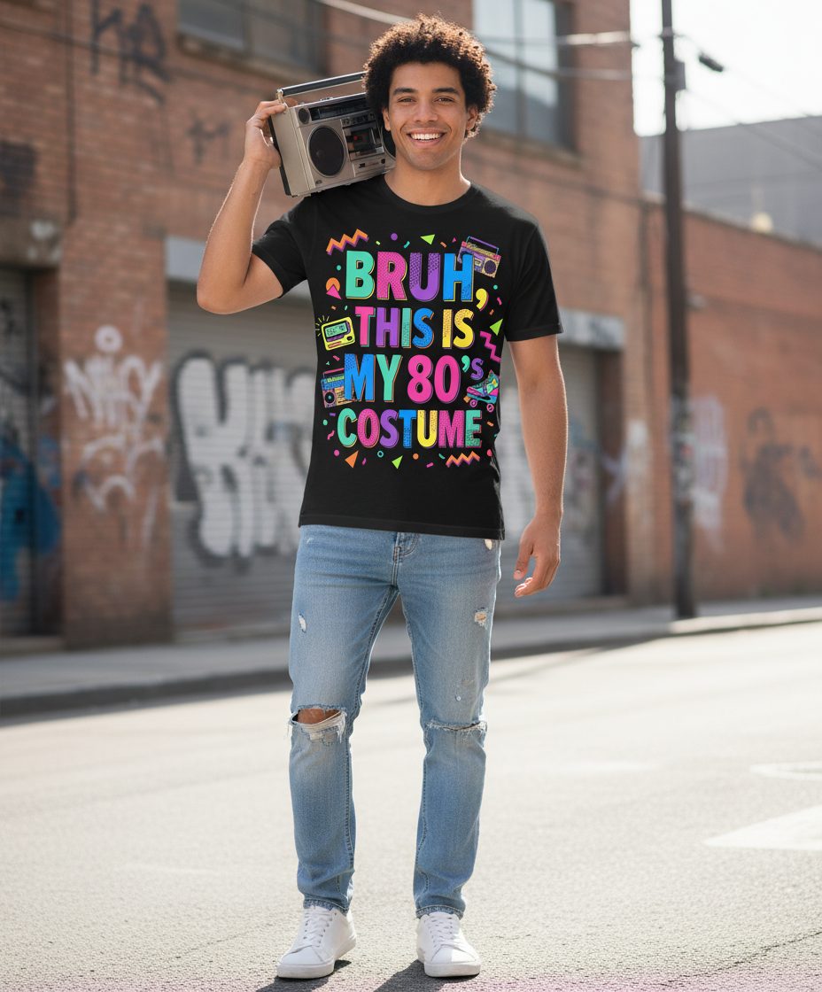 BRUH THIS IS MY 80's COSTUME 80s Retro Theme T-Shirt Black lifestyle mockup