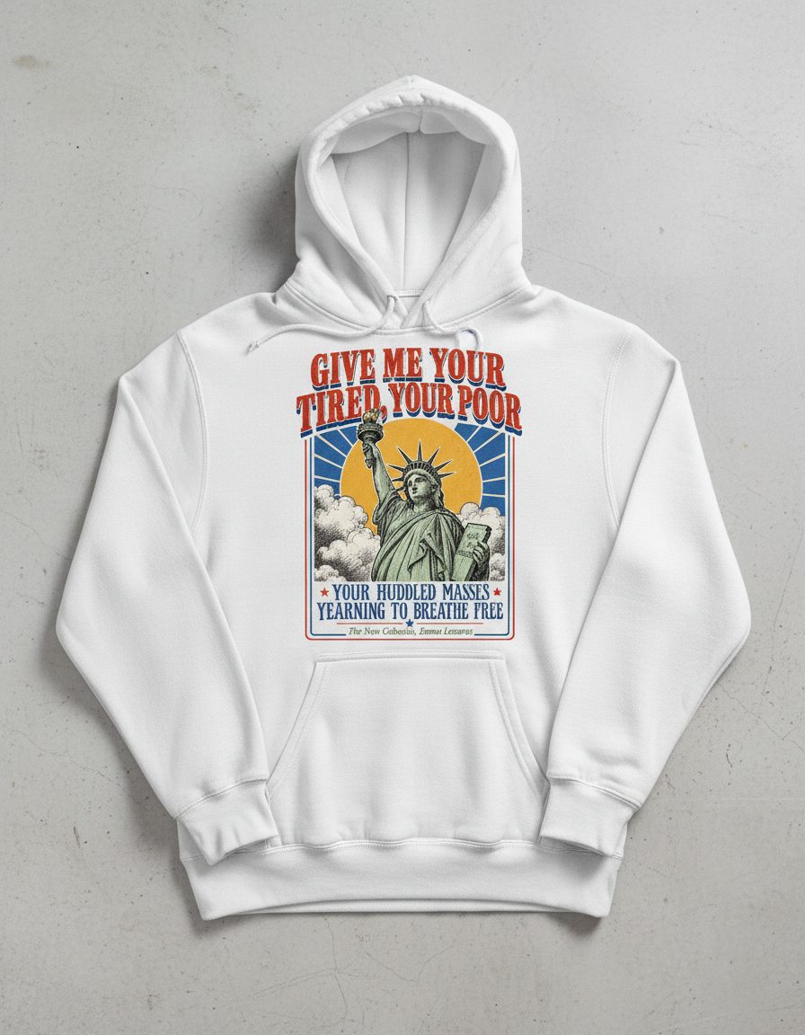 Give Me Your Tired Poor Patriotic Retro Statue of Liberty Hoodie - product mockup - White