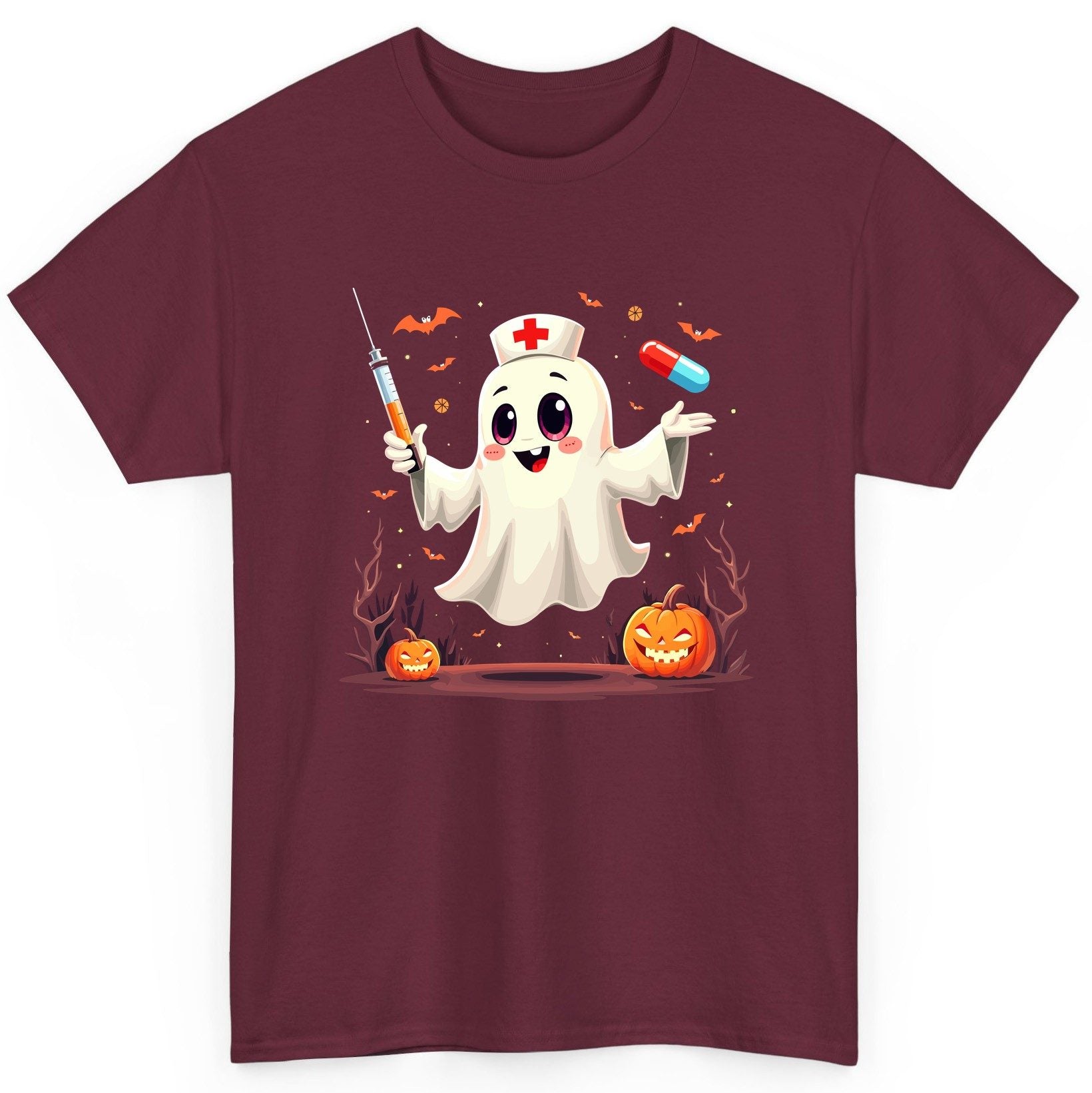 Cute Ghost Nurse Halloween ghost nurse T-Shirt Maroon product mockup