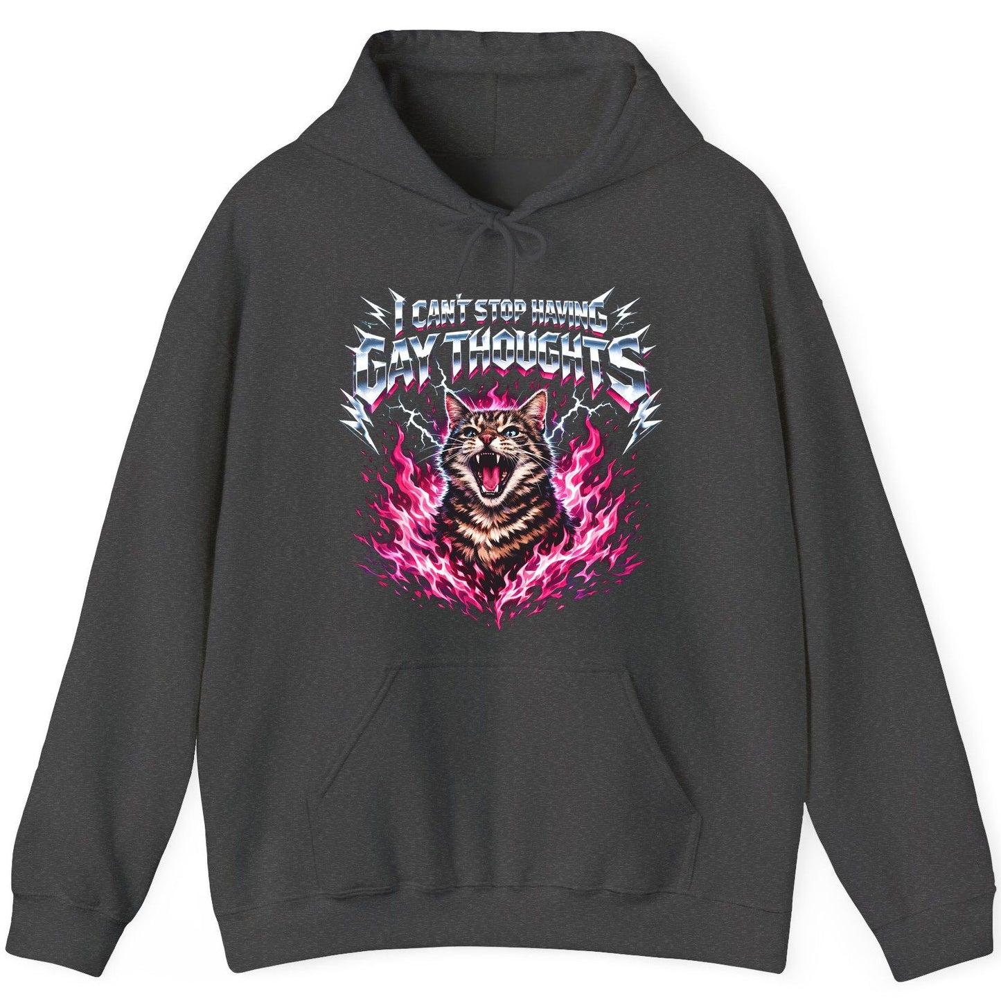 I Can't Stop Having Gay Thoughts cat Hoodie Dark Heather product mockup