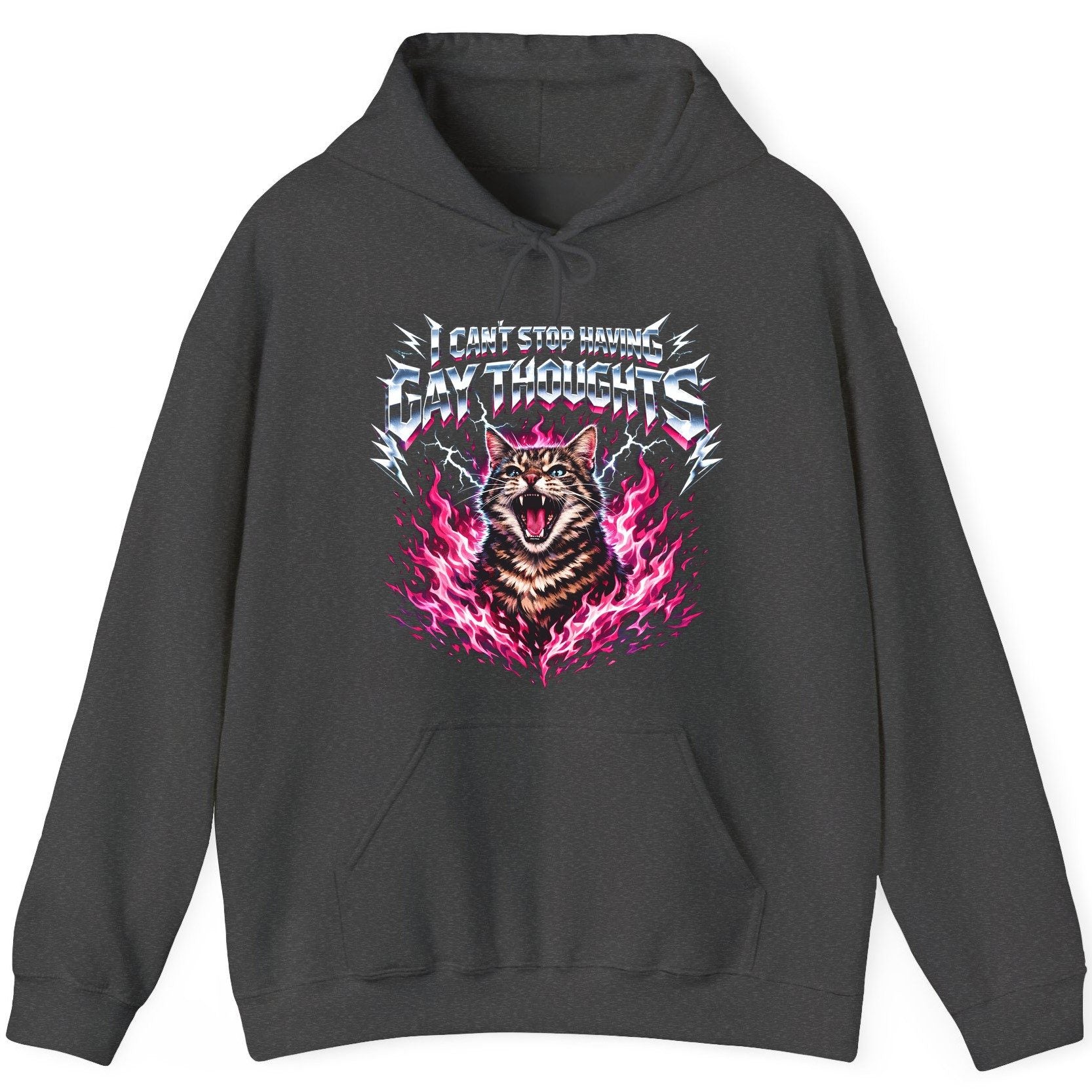 I Can't Stop Having Gay Thoughts cat Hoodie Dark Heather product mockup
