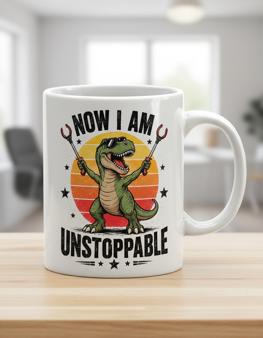 Now I Am Unstoppable Funny Tyrannosaurus Rex White Mug - product mockup - White