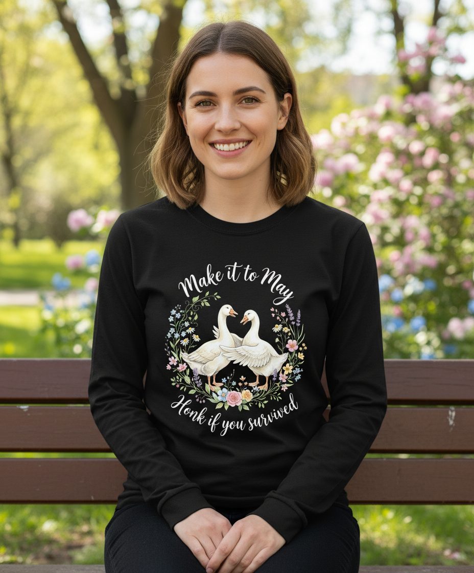 Make It to May Honk If You Survived Funny Geese Long Sleeve Tee - lifestyle model mockup - Black