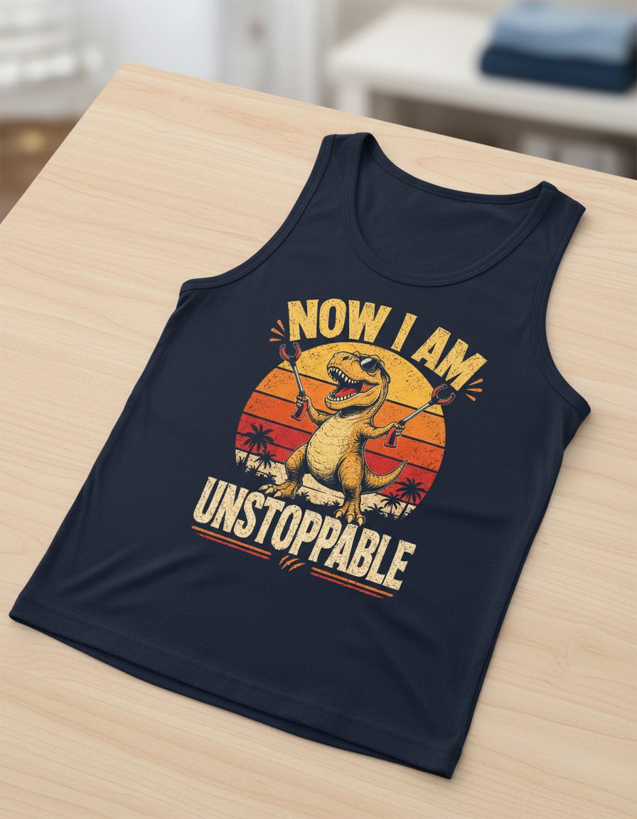 Now I Am Unstoppable Funny T-Rex Tank Top - product mockup - Navy