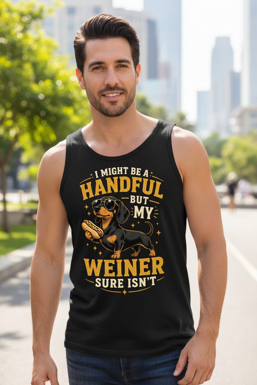 I Might Be a Handful but My Weiner Sure Isn't dachshund Tank Top Black lifestyle mockup