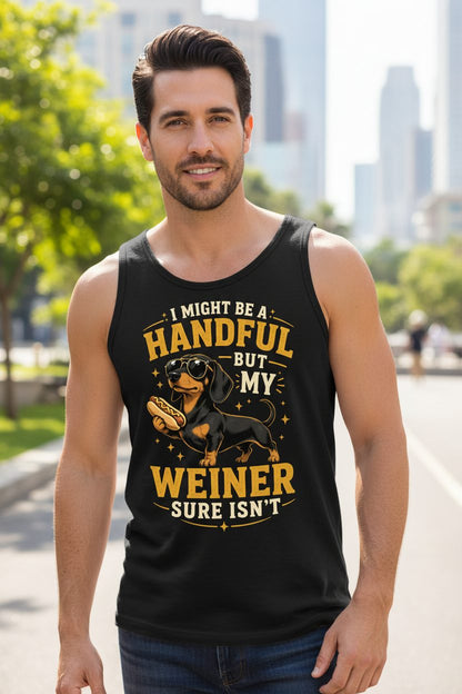 I Might Be a Handful but My Weiner Sure Isn't dachshund Tank Top Black lifestyle mockup