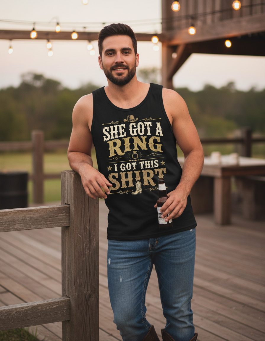SHE GOT a RING I GOT THIS SHIRT Funny Bachelor Party Tank Top - lifestyle model mockup - Black