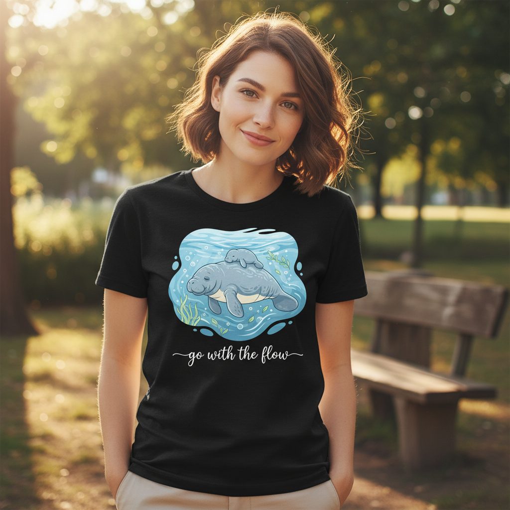 Go with the Flow Manatee T-Shirt - lifestyle model mockup - Black