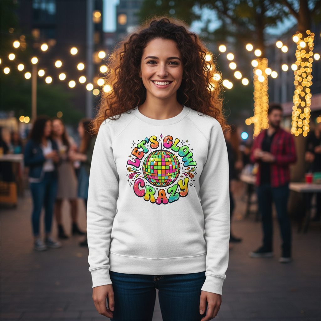 Let's Glow Crazy Retro Party Sweatshirt - lifestyle model mockup - White